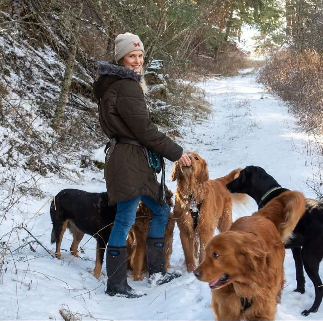 Jenny Armitage with dogs on a snowy trail
